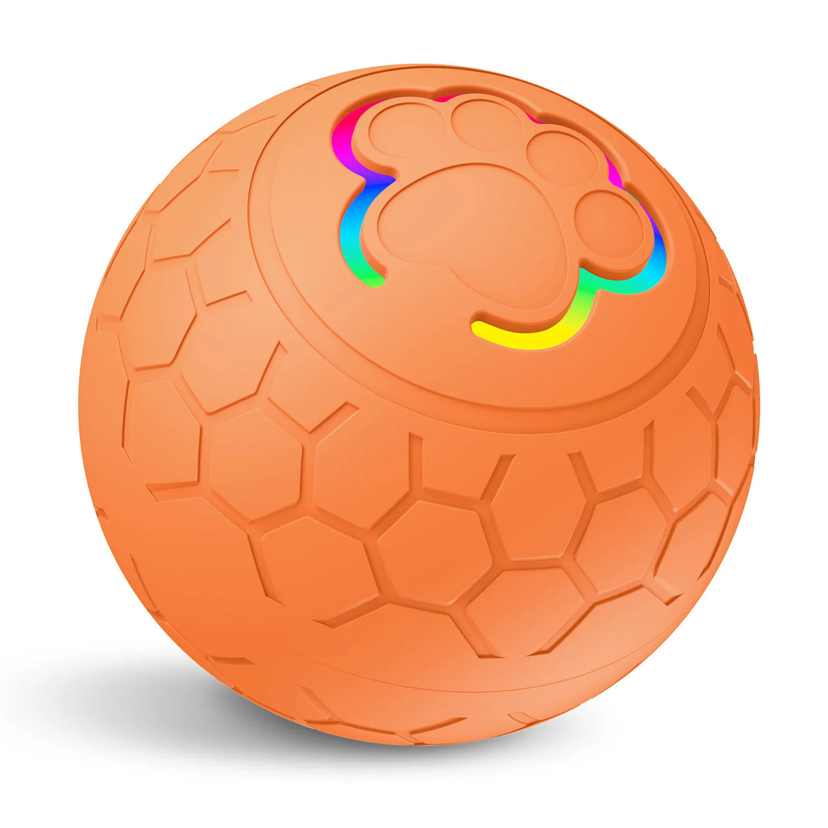 Orange Elektronisches Haustierball mit Pfotenspuren-Design auf der Oberfläche.