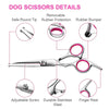 Details of precision stainless steel pet grooming scissors showing removable tip, rubber bumper, adjustable screw, durable st