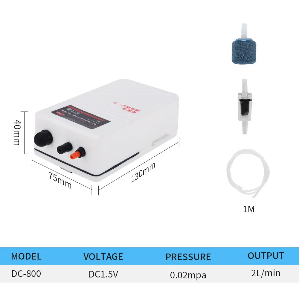 A white portable backup oxygen pump for aquariums with a blue sponge and a 1M hose.