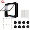 A black 4-way locking pet door for dogs and cats with a clear viewing panel and multiple locking mechanisms.