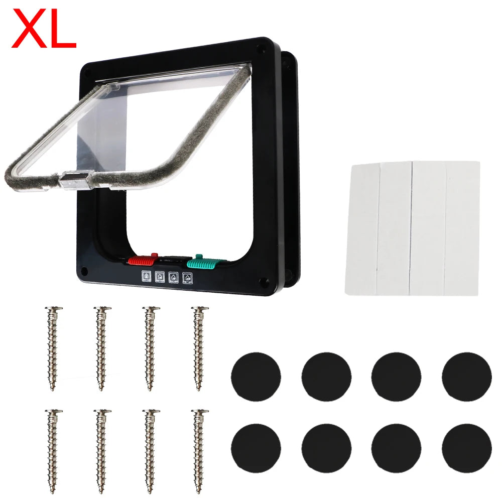 A black 4-way locking pet door for dogs and cats with a clear viewing panel and multiple locking mechanisms.