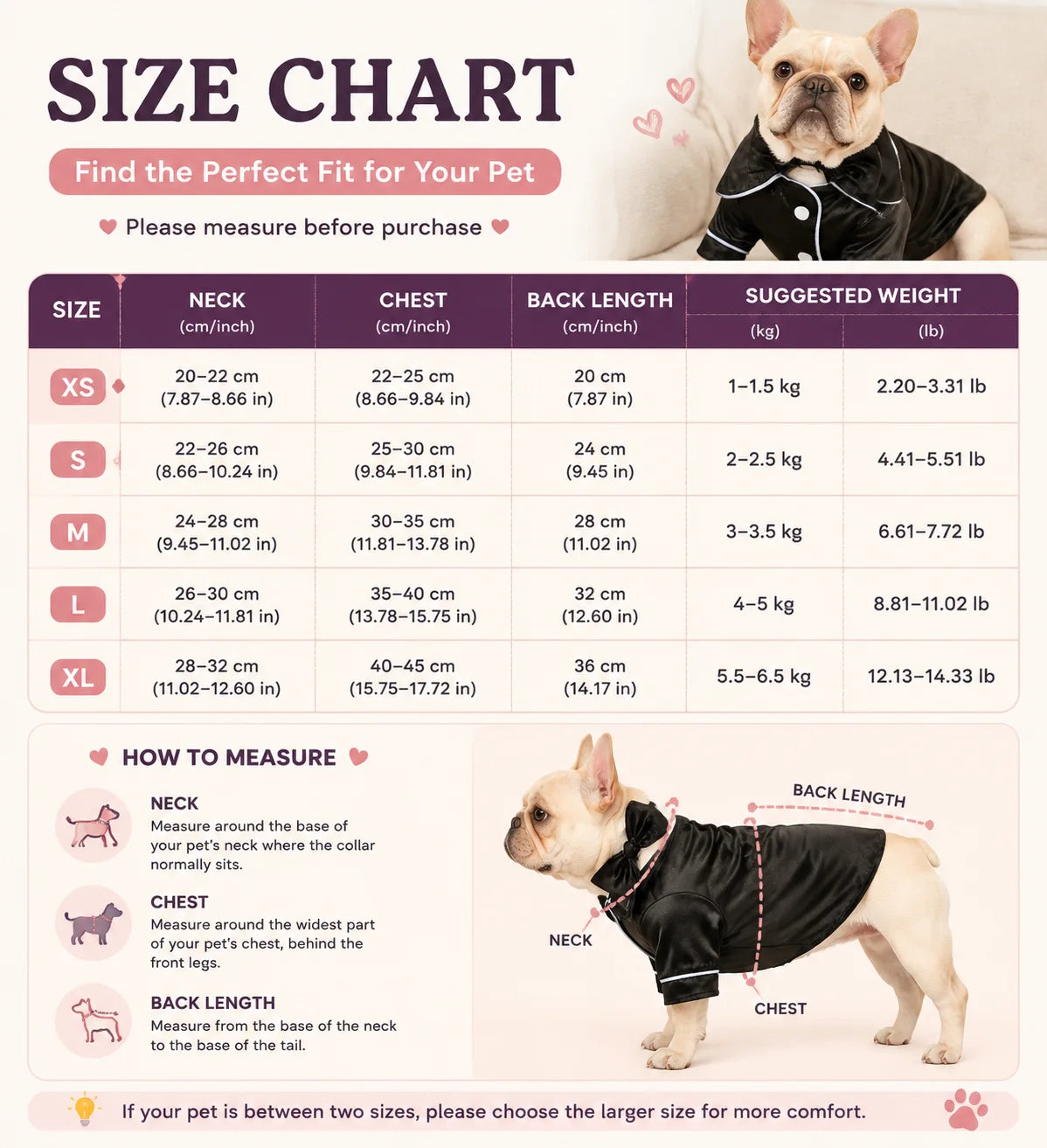 Tabla de tallas e instrucciones para medir a una mascota y encontrar el ajuste perfecto para pijama de seda con diadema de la