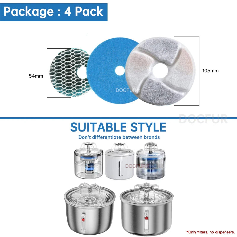 A package of four replacement filters for pet water fountains, showing the filter discs and a stainless steel dispenser.