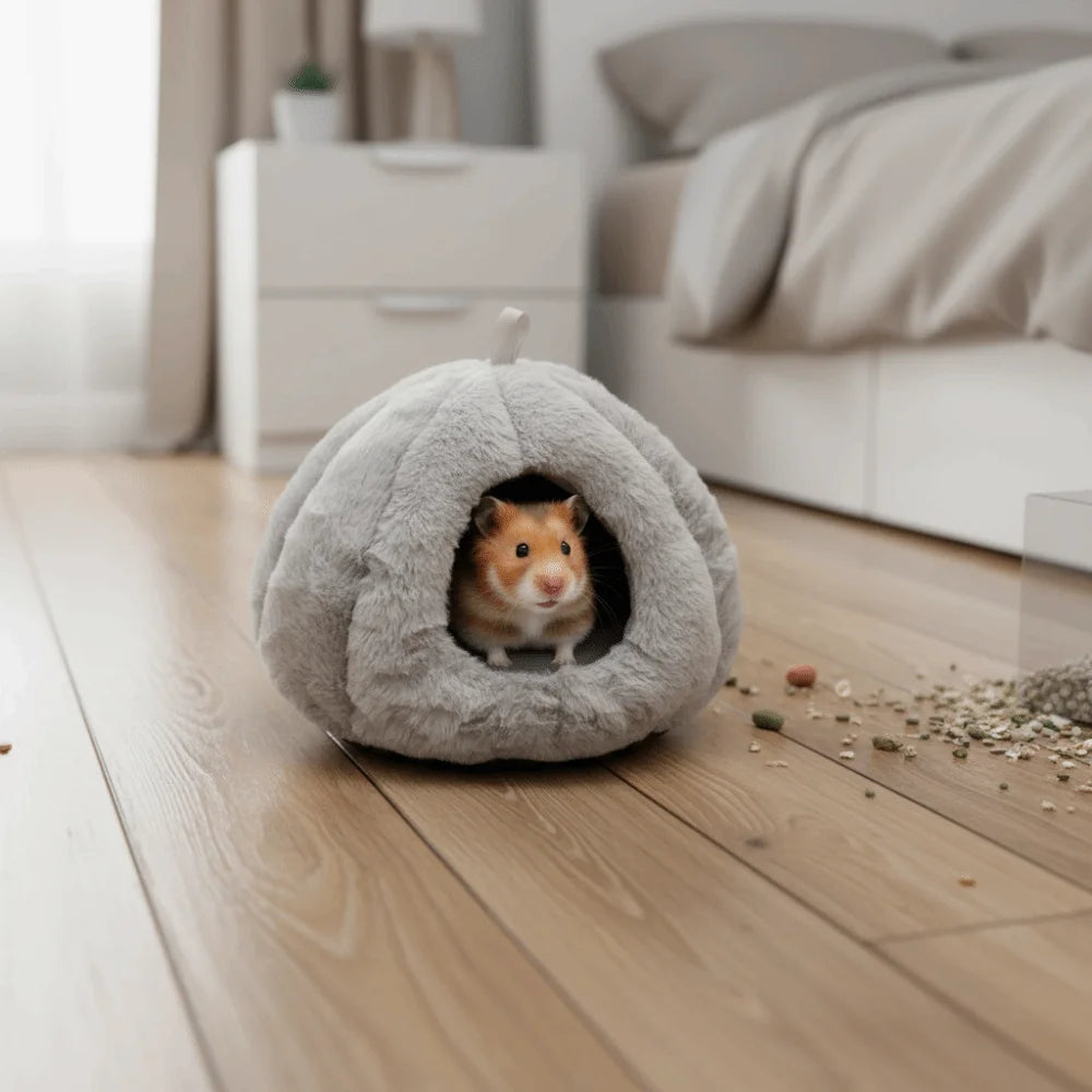 A gray plush hanging nest with an entrance, containing a small orange and white pet.