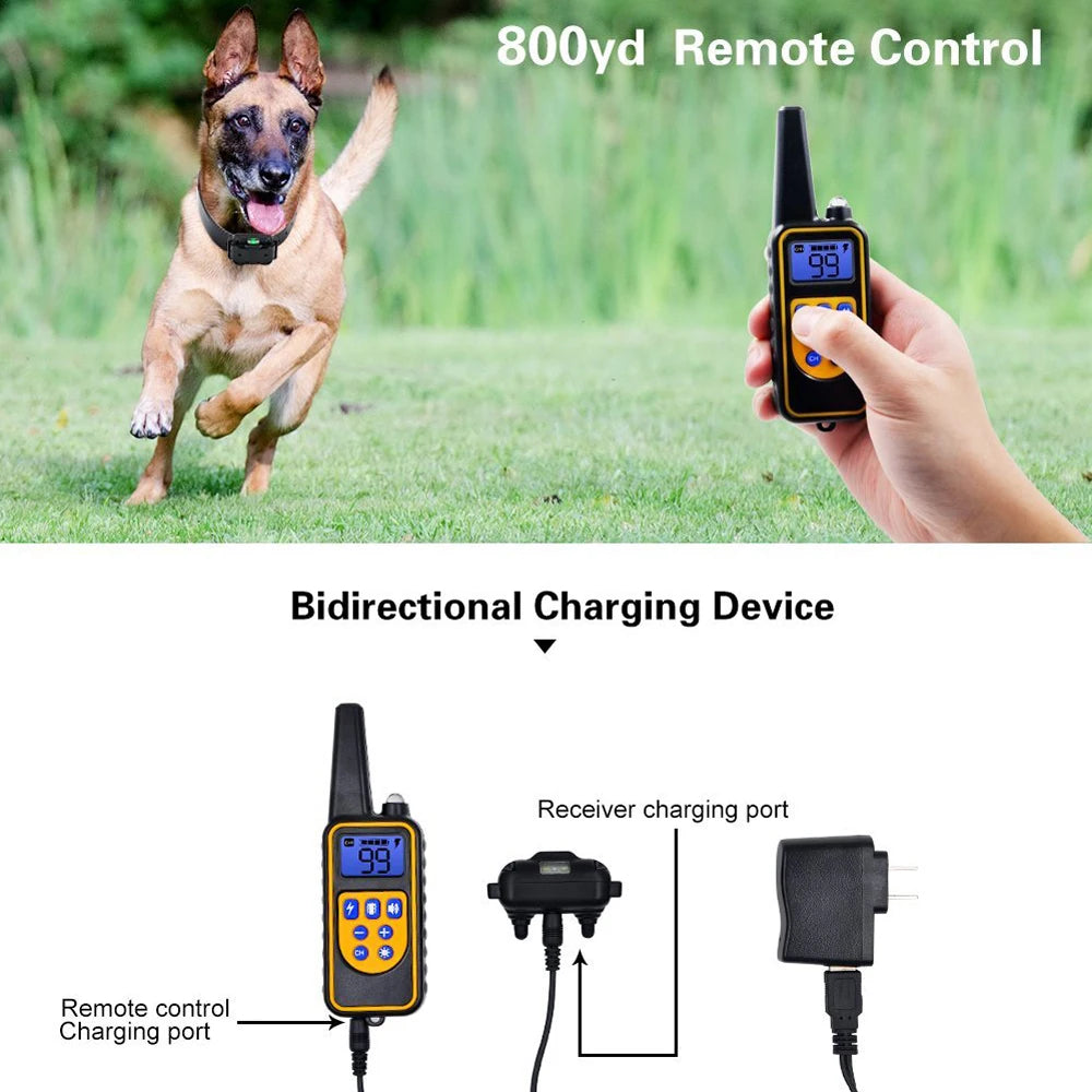 A dog is running in a grassy field next to a hand holding a yellow remote control device and its charging cable.