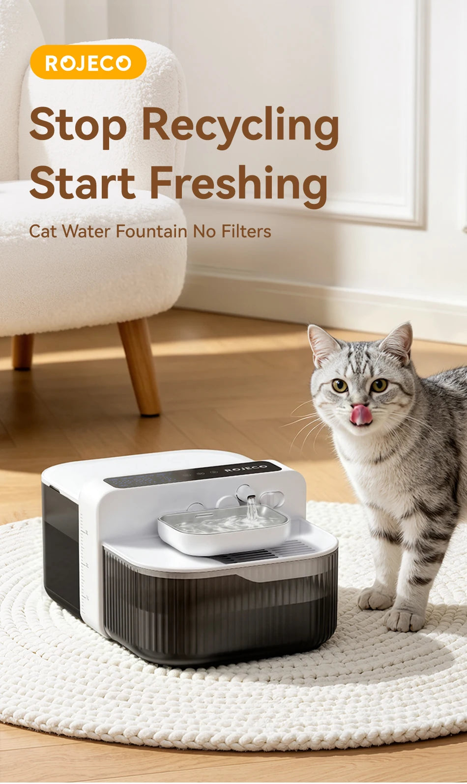 A grey tabby cat looks at a Rojeco pet water fountain placed on a white rug.