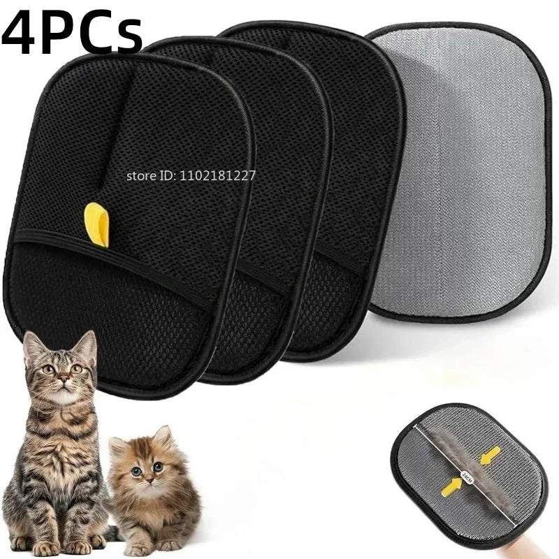 Four black pet hair removal gloves with a gray silicone pad and a kitten shown next to them.