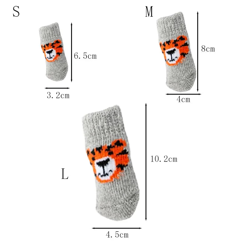 Three knit dog socks with tiger designs in sizes S, M, and L shown vertically.