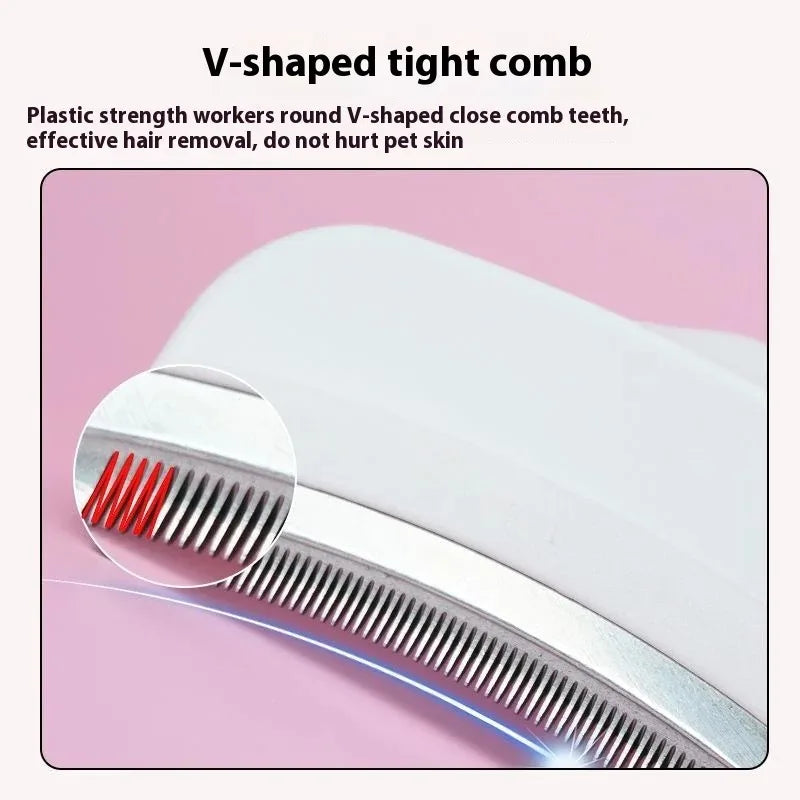 Close-up view of a white V-shaped tight comb with red teeth used for pet hair removal.