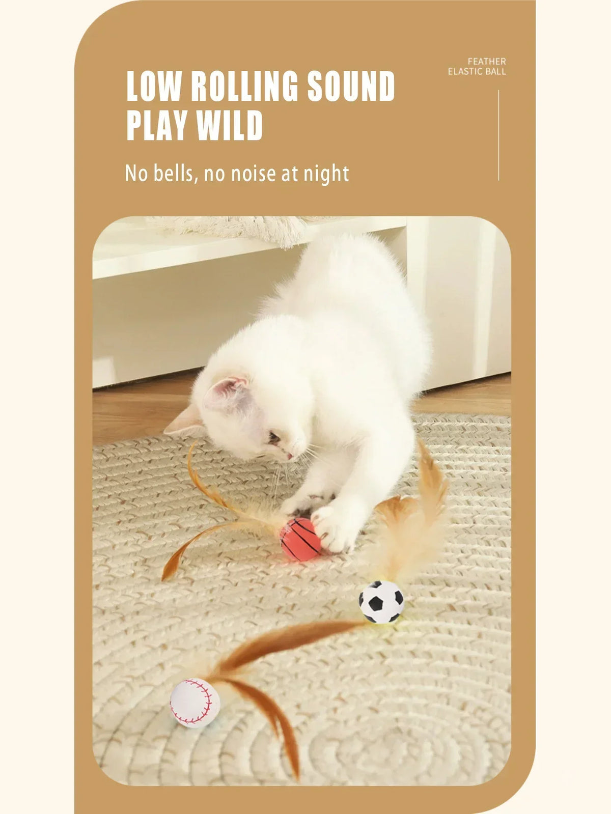 A white kitten plays with a low rolling sound play wild elastic ball and feathers on a rug.