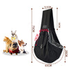 Black crossbody pet carrier bag shown next to a small dog and cat, with dimensions marked.