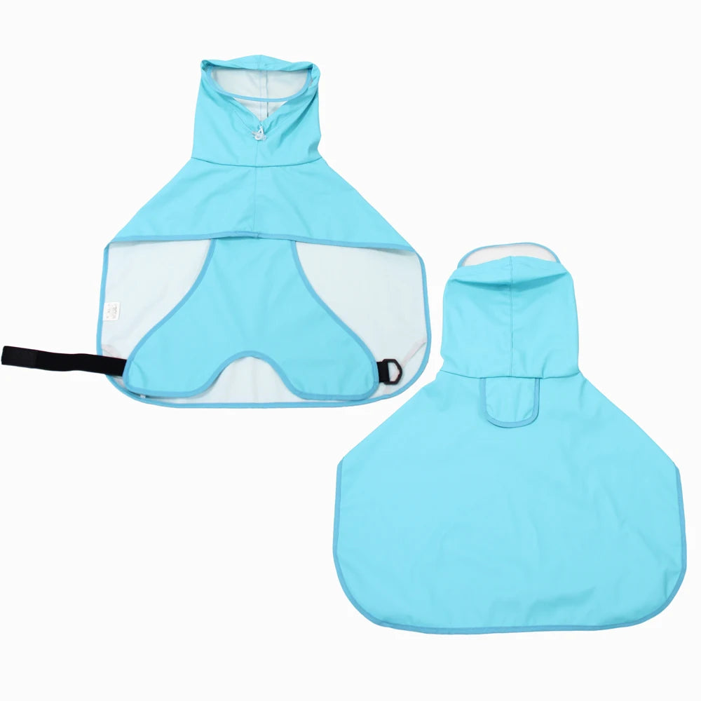Light blue waterproof pet raincoat for dogs shown in two views