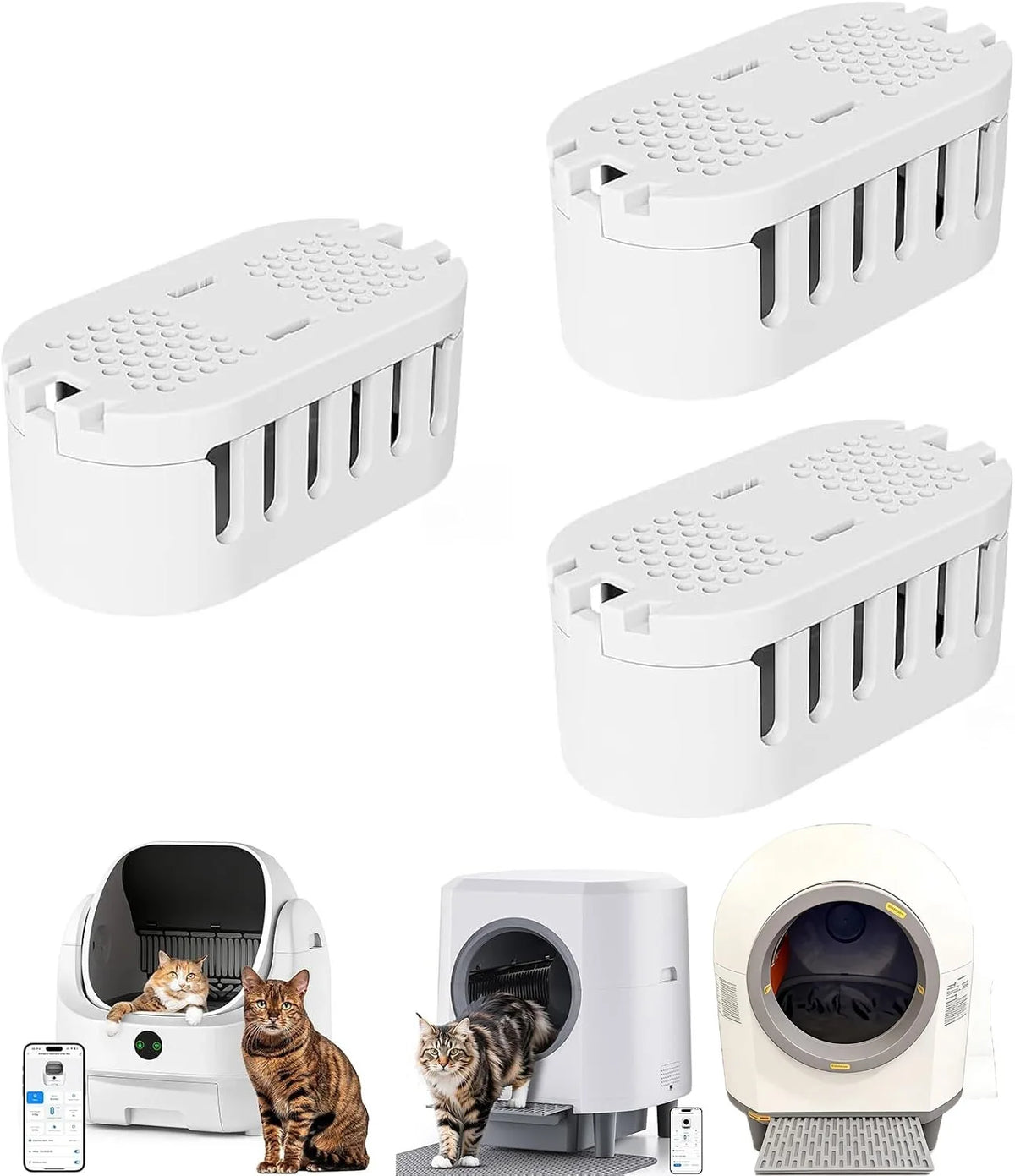 White automatic cat litter box deodorizers and a cat using the device.