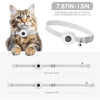 A fluffy tabby cat wearing an adjustable white collar for a pet tracker, shown alongside various sizes of the collar.
