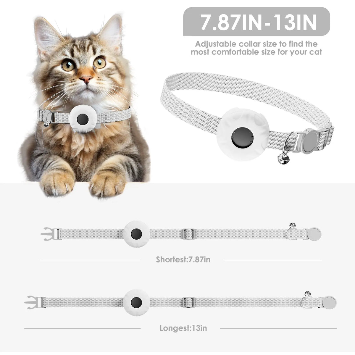 A fluffy tabby cat wearing an adjustable white collar for a pet tracker, shown alongside various sizes of the collar.