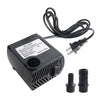 Black submersible pump with a wire and connector for aquarium or fountain use