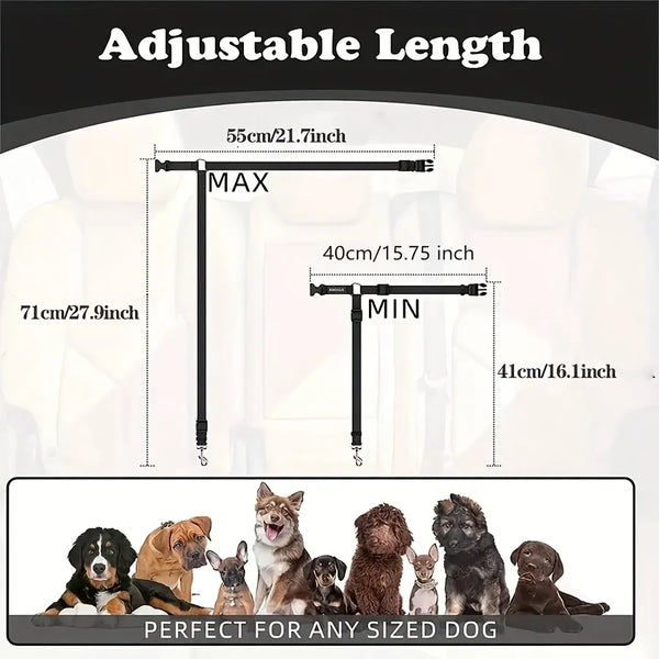 Adjustable length vehicle seat belt tether for dogs shown with various sized dogs.