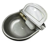 Stainless steel automatic water dispenser bowl with a hinged lid and dispensing tube.