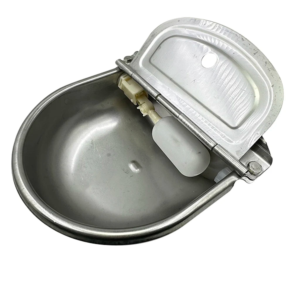 Stainless steel automatic water dispenser bowl with a hinged lid and dispensing tube.