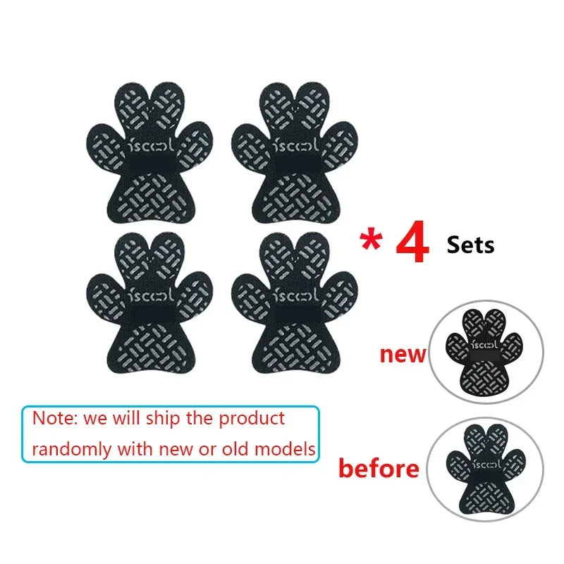 Four sets of black pet anti-slip paw protectors for dogs shown with a 'new' and 'before' label.