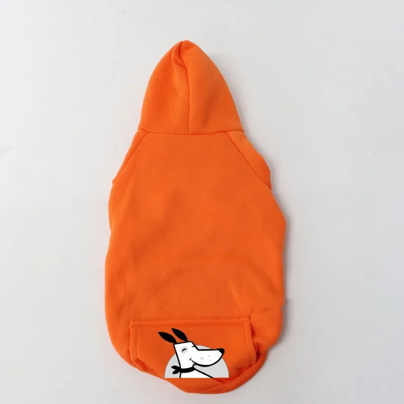 An orange cozy fleece dog sweatshirt with a hood and a pocket.