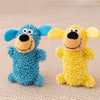 A blue and yellow interactive plush dog squeaky toy featuring soft, textured fur and large ears.