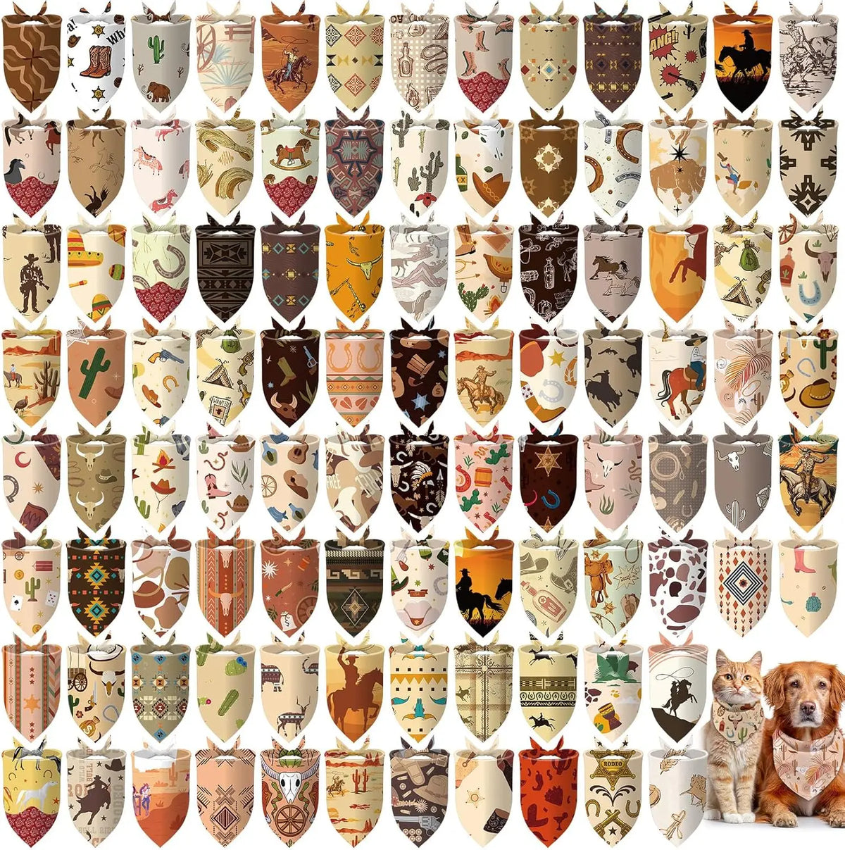 A collection of 100 dog bandanas featuring various donut print designs for holidays and parties