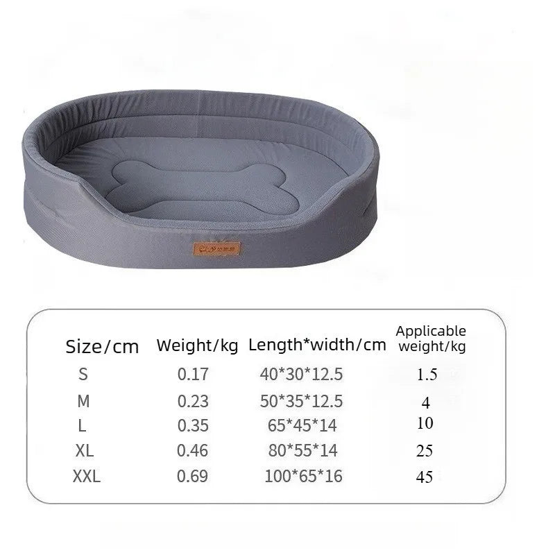 A gray washable waterproof dog bed mat with various size options listed below the product.