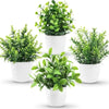 A collection of artificial bonsai potted plants in white ceramic pots.