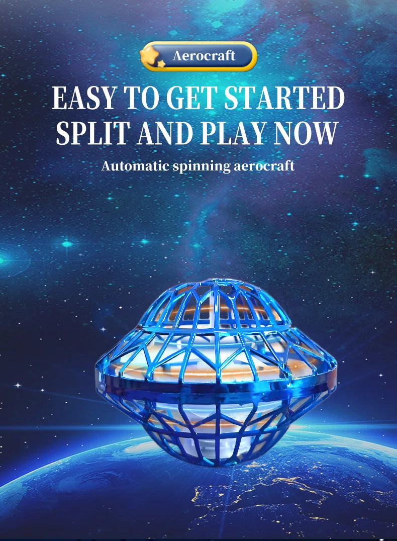 A blue LED flying boomerang ball with glowing lights is shown hovering above the Earth.