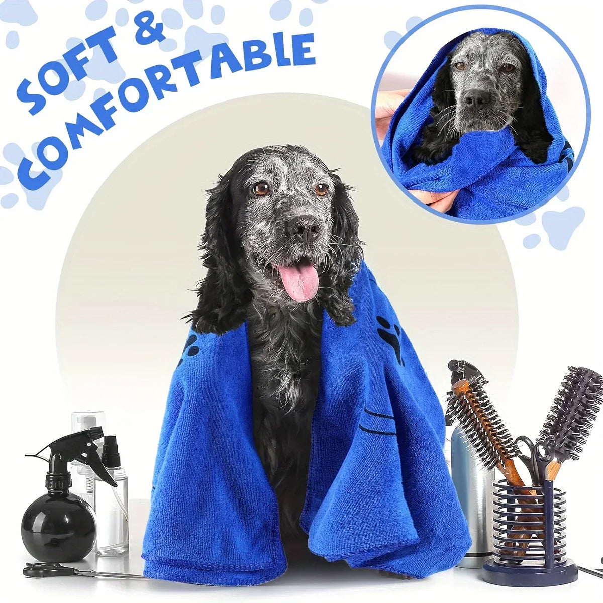 A blue pet bath towel is shown with a dog, emphasizing its soft and comfortable features.