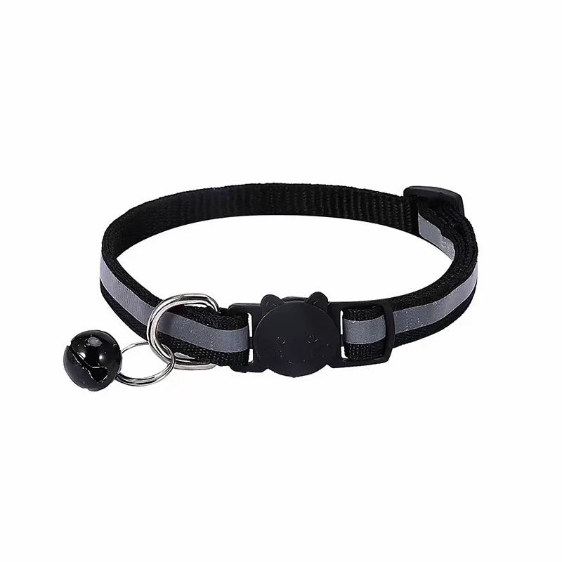 Black reflective cat collar with a breakaway buckle and attached bell.