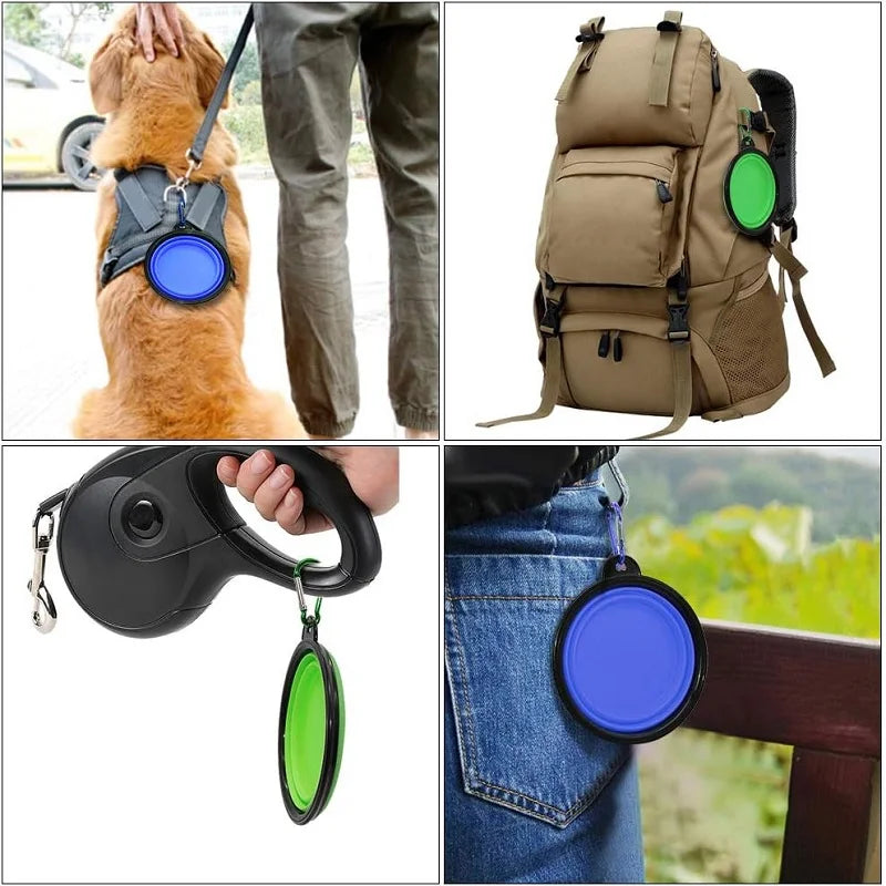 A portable silicone pet feeder bowl with a carabiner is shown being used by a dog and attached to clothing.