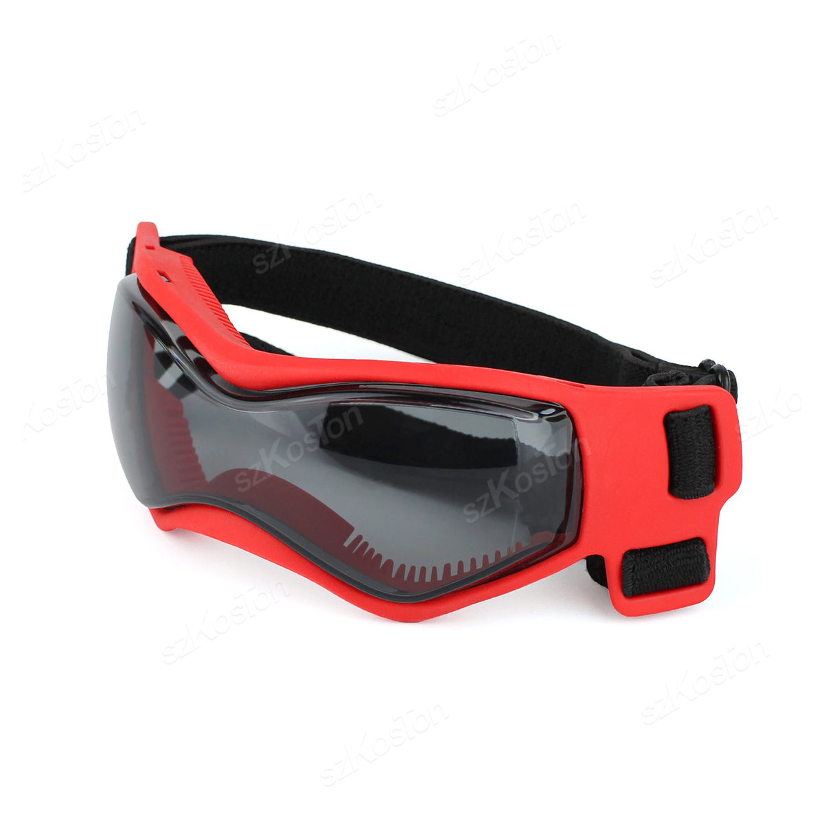 Red adjustable UV protection dog sunglasses with black strap and tinted lenses