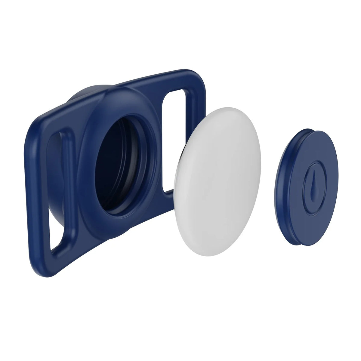 A blue silicone airtag holder with a white cap and a dark blue button.