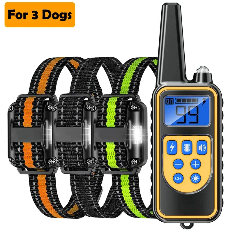Black remote dog training collar with LCD display and green accents for three dogs
