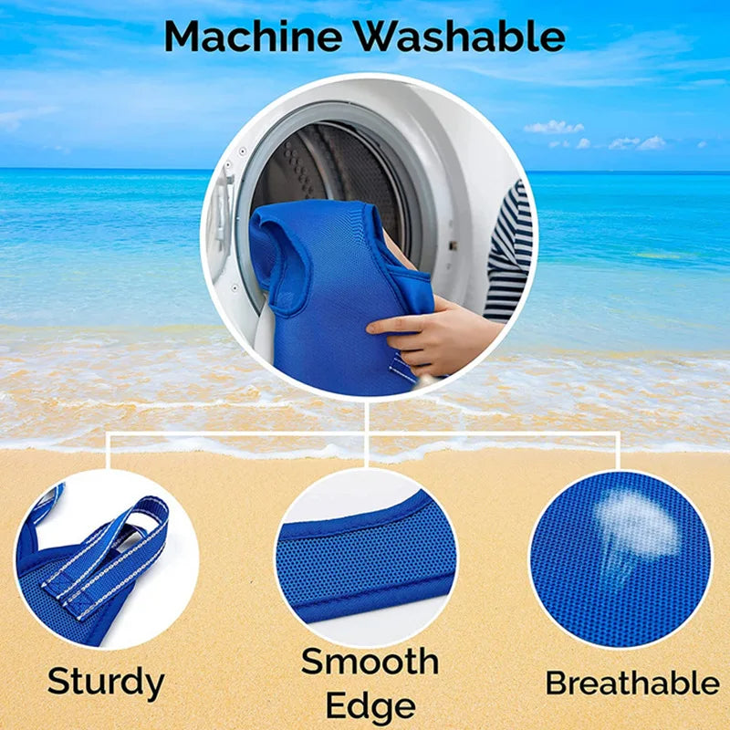Blue pet nail trimming hammock shown being placed inside a washing machine, highlighting its sturdy edge and breathable mater