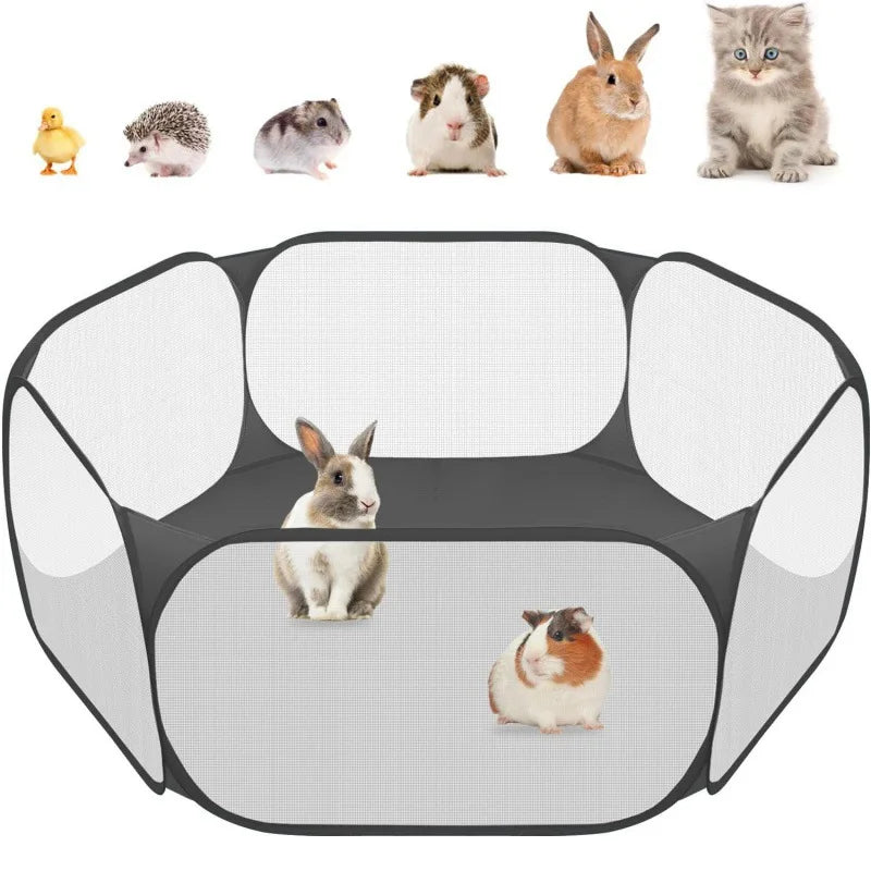 Cage portable pour animaux de compagnie, contenant un chat, un lapin et un chien.