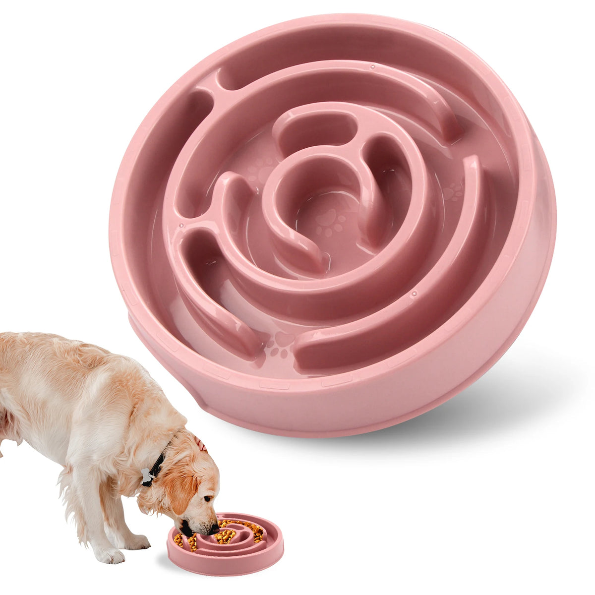 A pink anti-gulping slow feeder bowl for dogs and cats with dry food being fed to a dog.