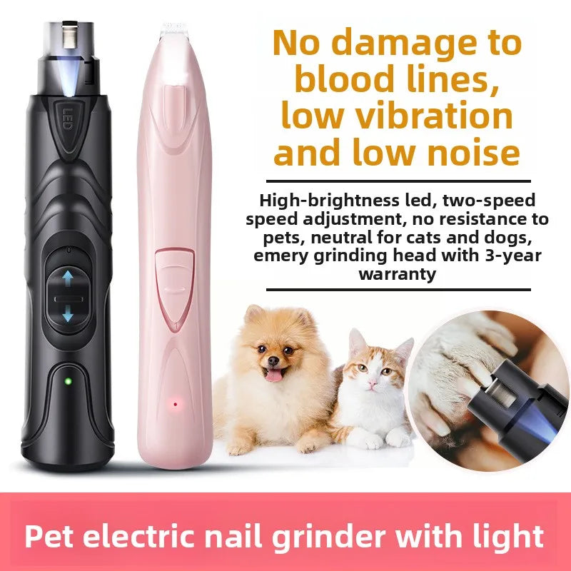 Schwarzer elektrischer Nagelhautfräser mit LED-Licht und eine rosa Version neben Haustieren.