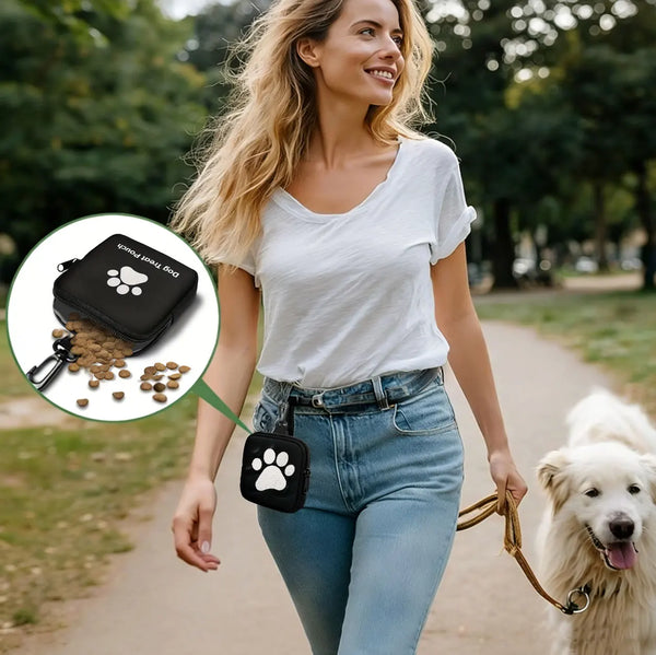 A woman is walking a dog with a black waterproof dog treat pouch attached to the dog's collar.