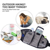 A black dog walking belt with storage pockets and a bungee leash, shown next to a dog and various accessories.