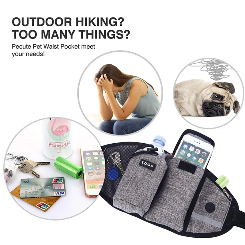 A black dog walking belt with storage pockets and a bungee leash, shown next to a dog and various accessories.