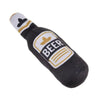 Black plush beer bottle dog toy with a squeaker and yellow lettering