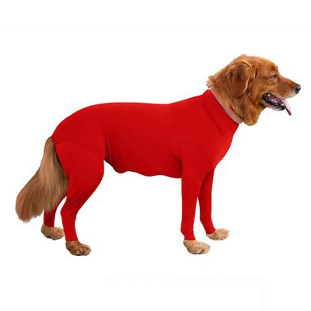 A full-coverage red comfort fit dog onesie with a golden-colored dog is shown in profile.