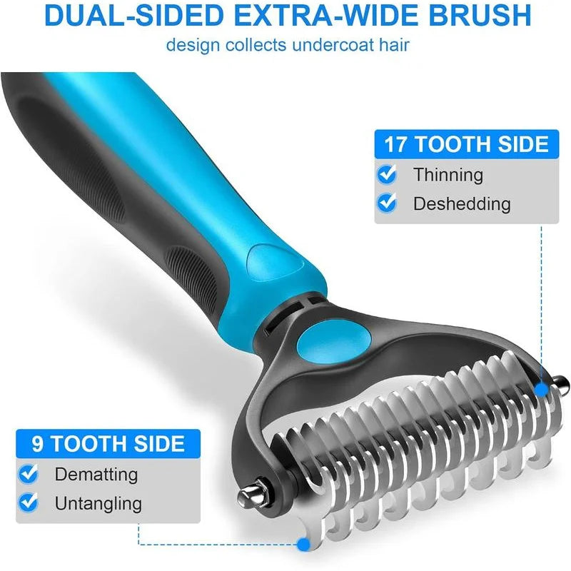 A dual-sided brush with a 17 tooth side for thinning and deshedding and a 9 tooth side for dematting and untangling.