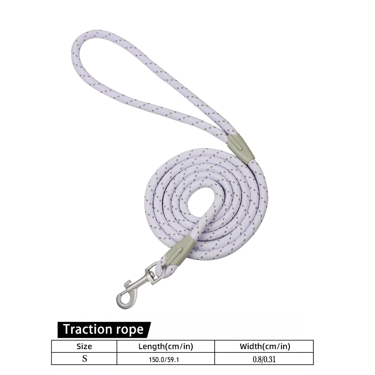 A white reflective nylon traction rope leash with a quick-release clip and sizing options listed.