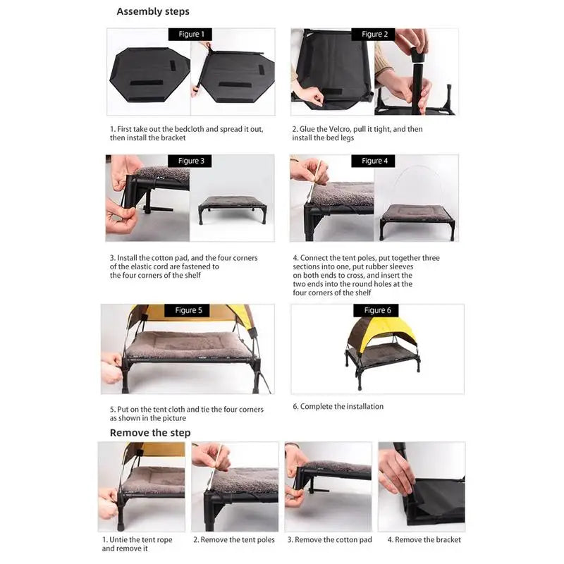 Assembly steps for a portable elevated dog cot with a removable shade canopy showing parts and installation process.
