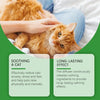 A fluffy orange cat is being gently stroked by a human hand, set against a green background with text about soothing a cat.
