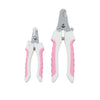 Pair of stainless steel pet nail clippers with pink handles for dogs and cats
